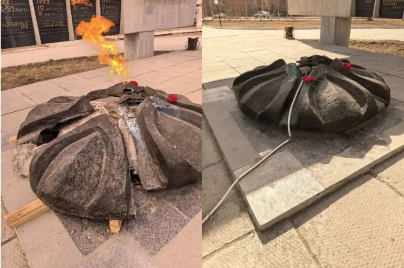 Фотофакт: вечный огонь в Якутске повредили вандалы