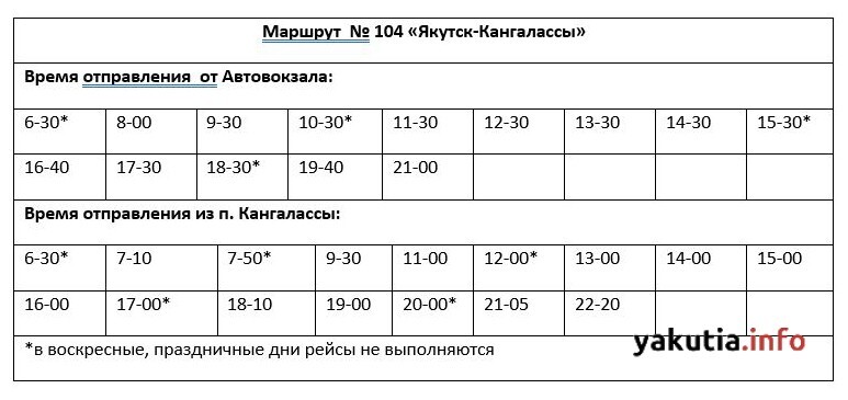 Расписание автобусов 104 бахты