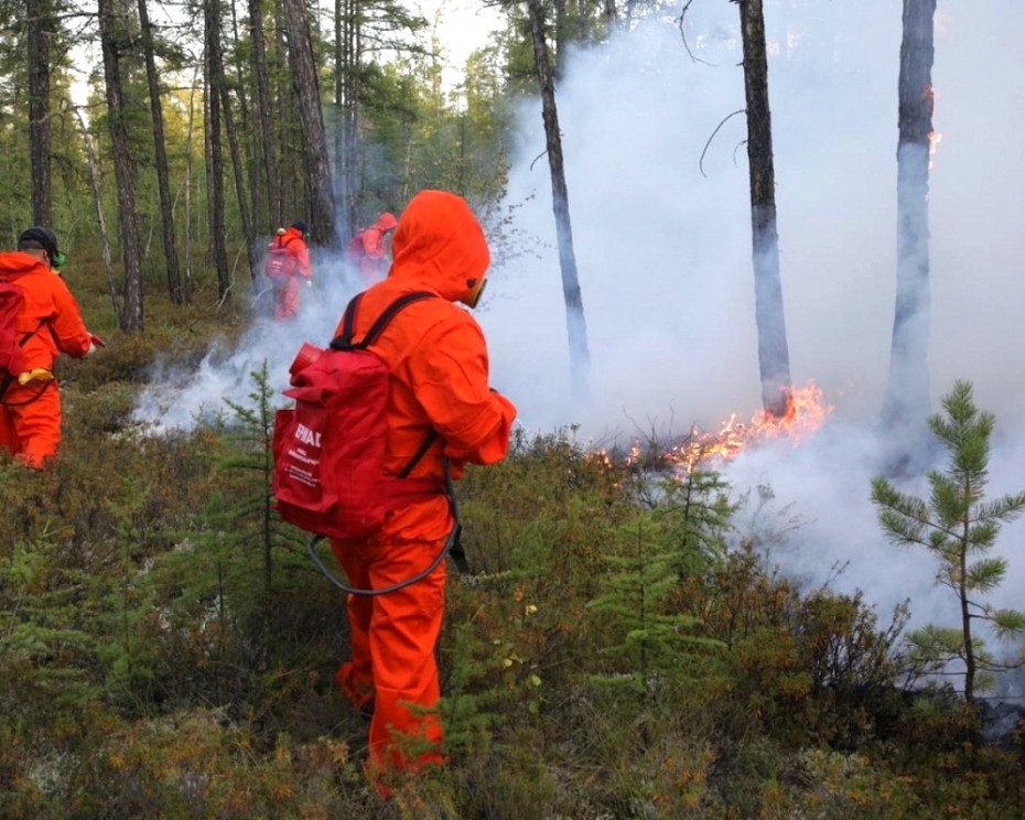 У границы Якутска с Намским районом продолжается тушение лесного пожара