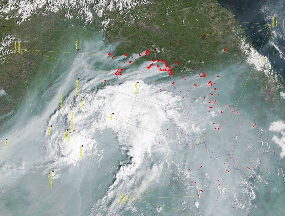 Спутниковый снимок зоны задымления центральной части Якутии по состоянию на 10 августа